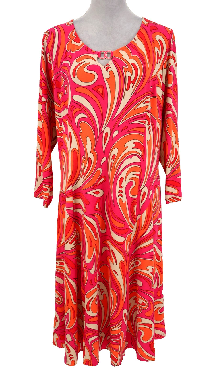 Susan Graver Dress Womens XL Pink Orange Beige Paisley Stretch Knit Midi Career